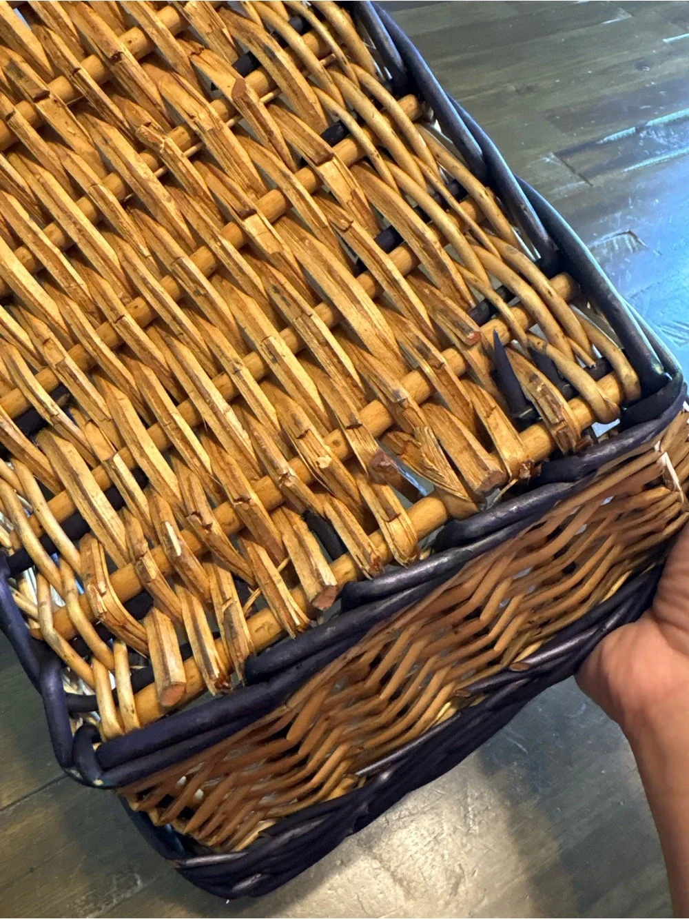 Vintage Two Tone Woven Harvest Gathering Basket Blue Farm Cottage Large Wicker